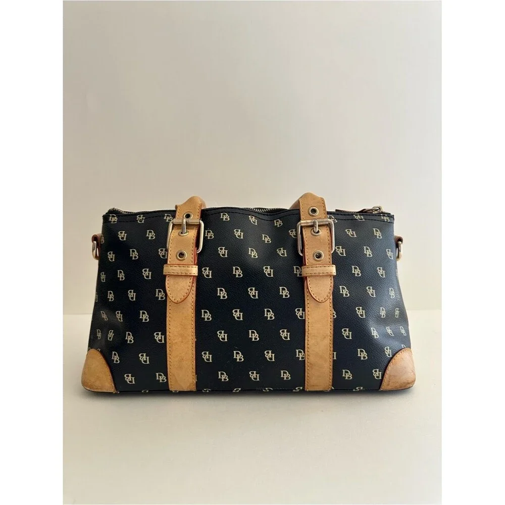 Dooney & Bourke y2k Black Boston Monogram Tan Leather Trim Satchel